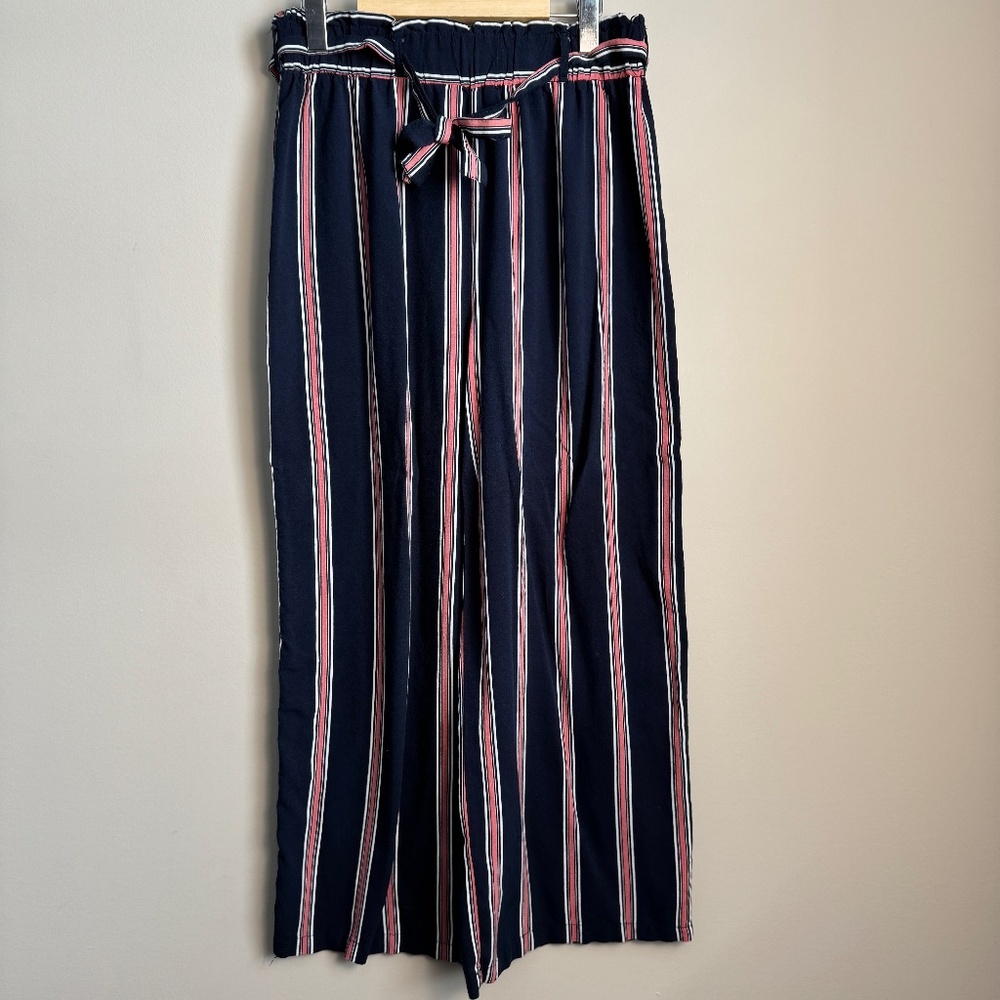 Urbanology Women's L Striped Boardwalk Lightweight Rayon Pants Wide Leg Navy